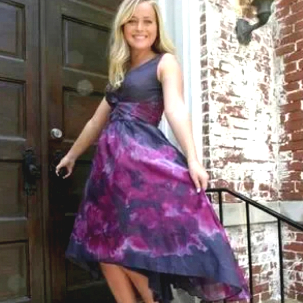 Neiman Marcus Lela Rose Watercolor Purple Floral Asymmetrical Midi Dress